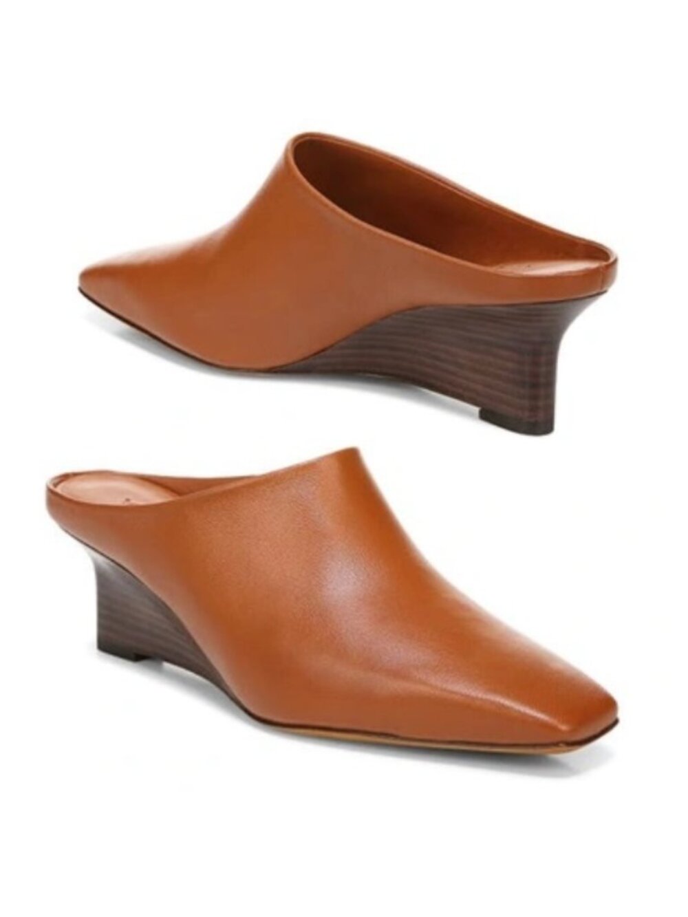 Vince Leather Benita Square Toe Slip On Clog Wedge Heel Pumps (Rust Amber) - Picture 2 of 16